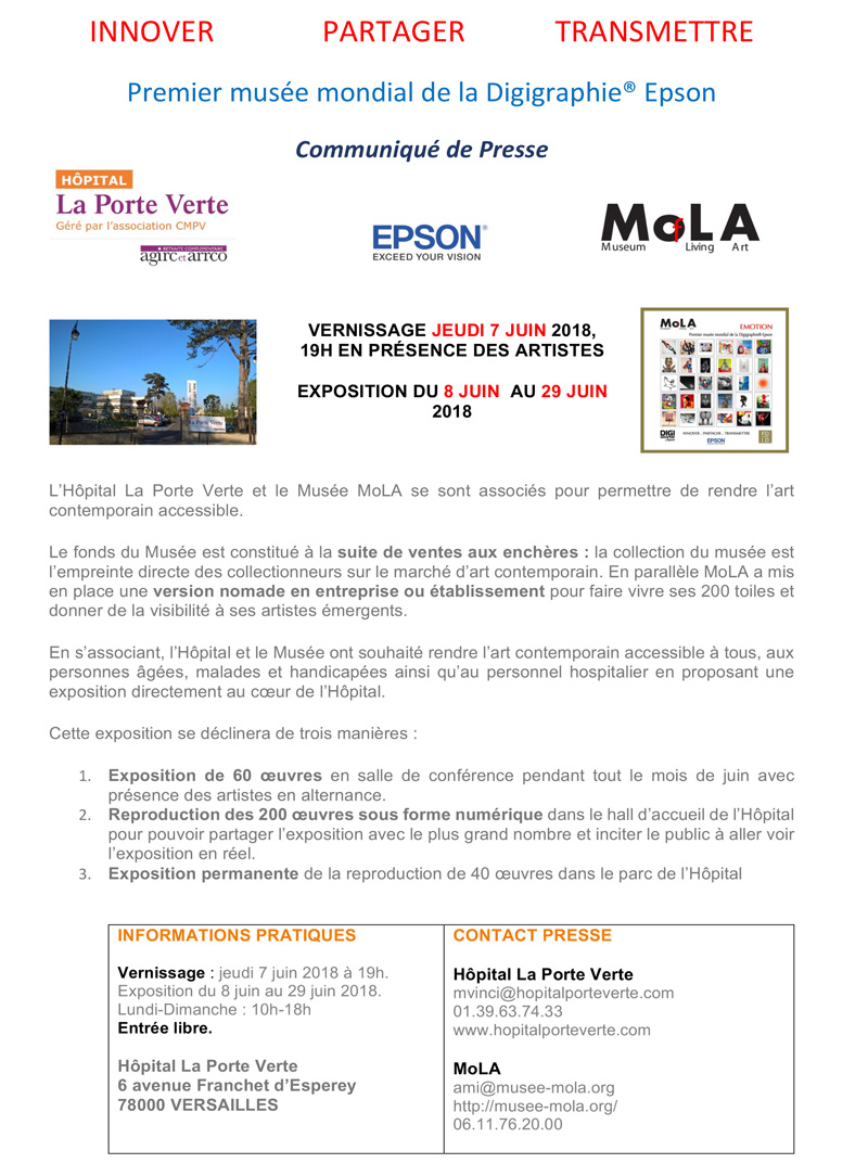 Exposition collective Musée Mola Hôpital et Parc de la Porte Verte du 8 au 29 Juin 2018