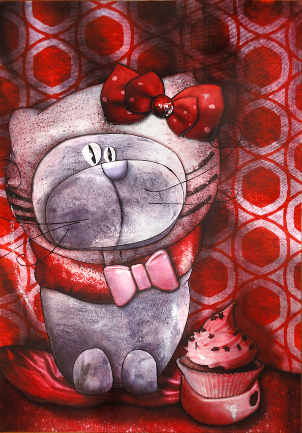 Tableau: Chat déguisé en Hello Kitty